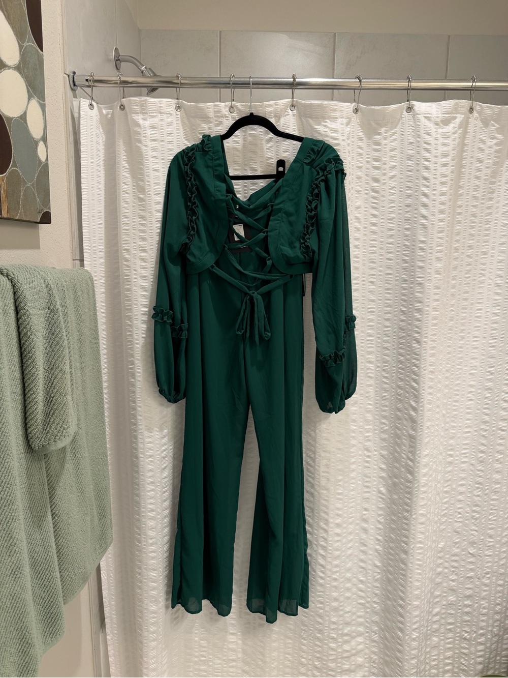 Fashion Nova Emerald Green Long-Sleeve Lace-Up Jumpsuit